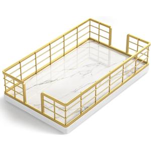 Wican Marble Guest Towel Holder Tray for Bathroom, Napkins Holder for Powder Room Dining Table Wooden Basket for Disposable Paper Hand Towels Gold and Marble White (9.06 x 5.51 x 2.56 inches)