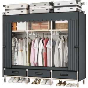 Portable Wardrobe Closet Durable and Easy to Assemble Heavy Duty Clothes Rack with Non-Woven Cover Fabric Best for Bedroom and Easy Storage and Organization (Grey-A)