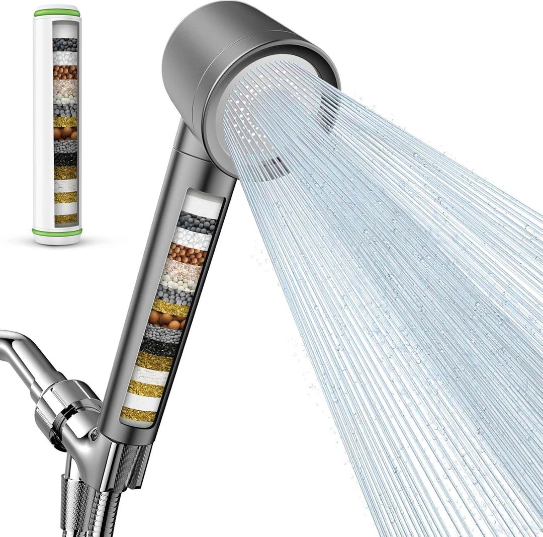 Filtered Shower Head with Handheld, High Pressure Water Flow and Multiple Spray Modes Shower Head with Filter, Power Wash for Hard Water, Showerhead with ON/OFF Switch for Pets Bath (Stone Gray)