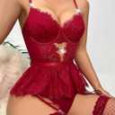 Alrovetoney Women Lingerie Set Naughty Lace Bodysuit High Waisted Underwire Lingerie Babydoll With Garter Belt and Stockings (Red, XXXL)
