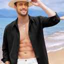 COOFANDY Mens Cuban Guayabera Shirt Casual Button Down Shirts Long Sleeve Summer Beach Shirts (Black, L)