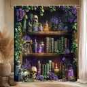 Gothic Skull Shower Curtain Vintage Withcy Spooky Retro Wizard Magic Bookshelf Purple Floral Unique Green Plant Mysterious Bathroom Decor Polyester Curtains with Hooks,70Wx70L