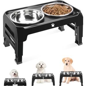 Elevated Dog Bowls 3 Height Adjustable Raised Bowl Stand with 25oz Stainless Steel Dog Food Bowls Anti-Slip for Small Dogs Adjusts to 7.5", 6", 2.75", Black