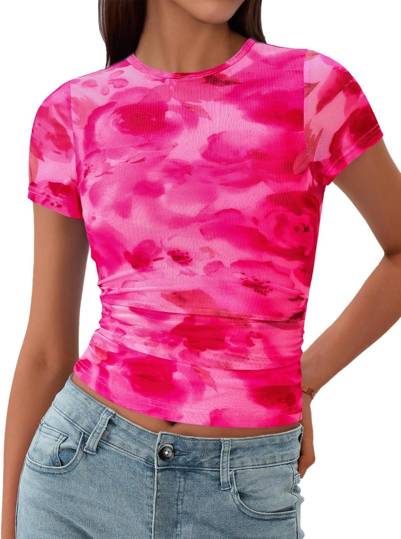 BTFBM Womens Sheer Mesh Summer Tops 2025 Crewneck Short Sleeve Print Ruched Crop Top Slim Fit Club Going Out T Shirts (S) BTFBM Womens Sheer Mesh Summer Tops 2025 Crewneck Short Sleeve Print Ruched Crop Top Slim Fit Club Going Out T Shirts (S)