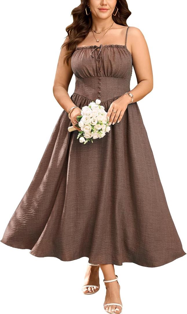 SHESTARR Plus Size Summer Dress Denim Sundress with Pockets (Brown, XXXL)