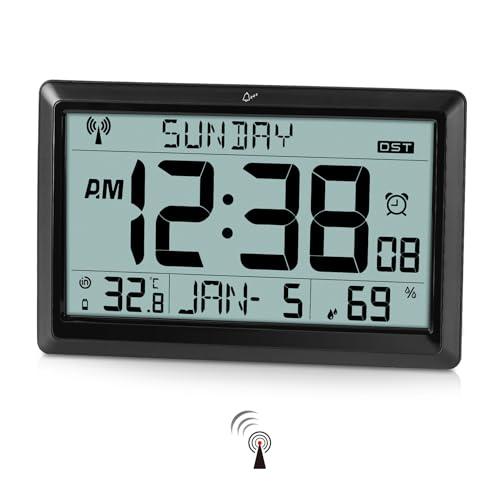 Amgico Digital Wall Clock,10.5" Large Display Atomic Clock,Battery Operated,Digital Calendar Auto Setting with Indoor Temperature,Humidity,Date,Day,Auto DST for Elderly Bedroom Classroom,No Backlight