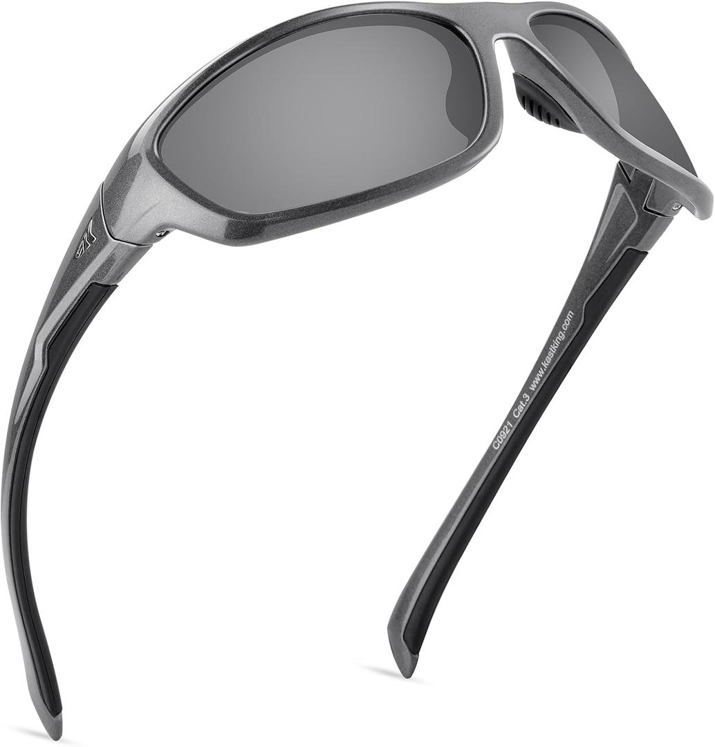 KastKing Hiwassee Polarized Sport Sunglasses for Men and Women, Wrap Sunglasses for Fishing Cycling and Running,UV Protection (Frame: Gloss Metalic Gun/Lens:silver Mirror)