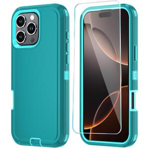 2 x Phone Case for iPhone 16 Pro Case with HD Screen Protector, Heavy Duty Shockproof & DustProof & Dropproof 3-Layer Cover Phone Case for iPhone 16 Pro (6.3'') (Lakeblue)