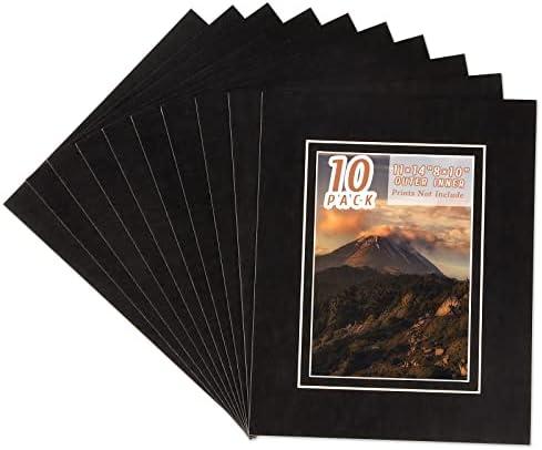 HOTUO 10 Pack Acid Free Black Picture Frame Mats, Pre-Cut 11x14 Picture Mats with Ivory Core Bevel Cut for 8x10 Photo, Signature Friendly 4 Ply Thickness Photo Mat for Frames (Black with V-Groove)