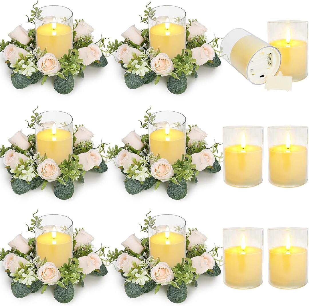 12 PCS Candle Rings with LED Flameless Candles, 3 Inch Artificial Rose Wreaths Eucalyptus Leaves for Table Centerpieces Home Wedding Party Decor, Champagne, 6 Sets