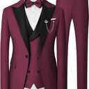 Mens 3 Piece Tuxedo Suit Slim Fit Wedding Prom Dinner Tuxedo for Men Double Breasted Suits Set with Bow Tie (Large, Wine Red)