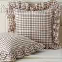 Aryeleay 2 Pack Taupe White Plaid Ruffle Throw Pillow Covers, 100% Cotton Gingham Checkered Farmhouse Decorative Pillow Shams for Bed/Sofa-20 x20