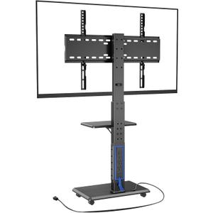 Rolling TV Stand with Power Outlet, Mobile TV Cart for 32-75 Inch TVs up to 110 lbs, 18 Adjustable Heights, Max VESA 600x400mm, TV Floor Stand with Swivel Mount/Shelf/Wheels, Fits for Bedroom, Outdoor