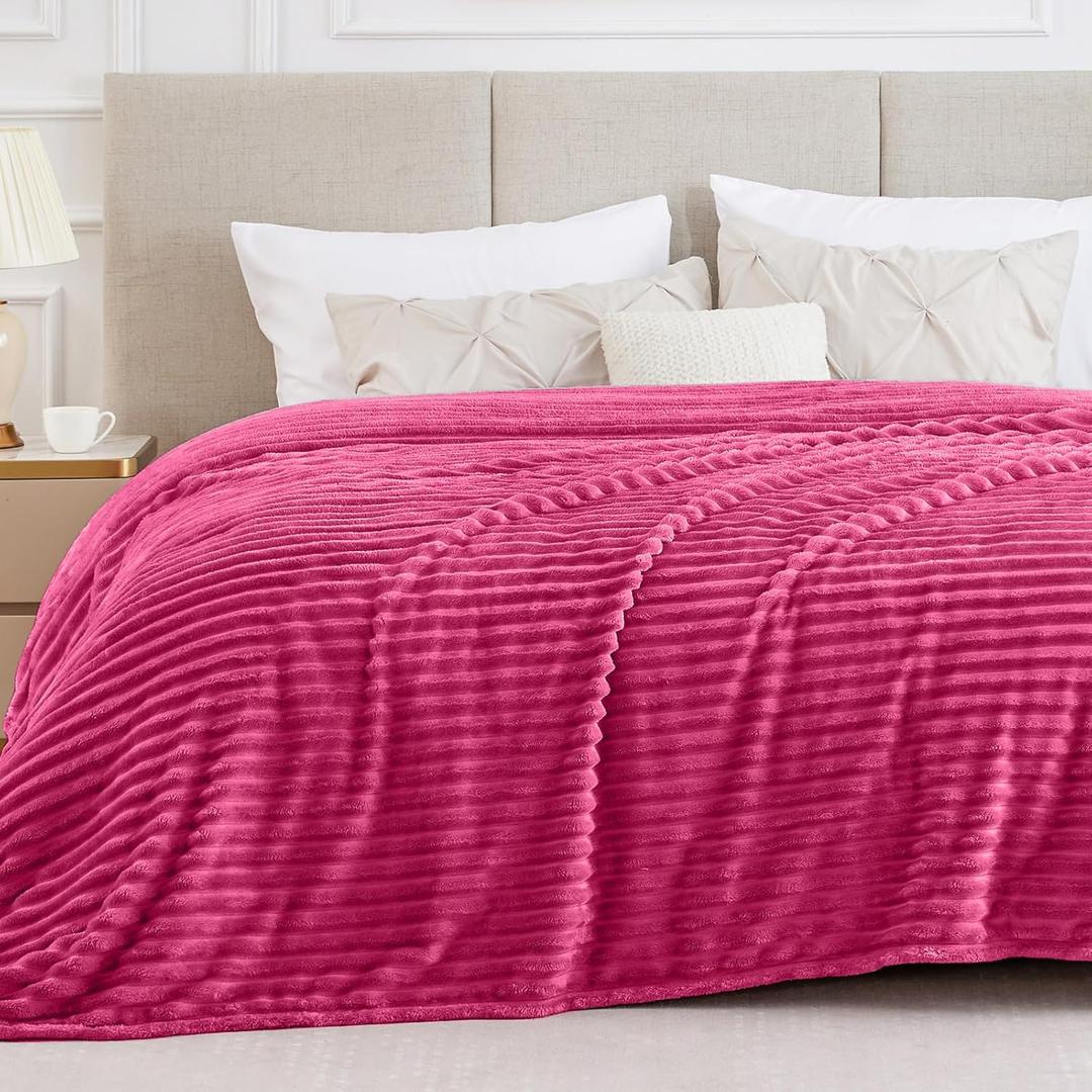 BEDELITE Blankets Queen Size for Bed, 300GSM Soft & Warm Fleece Blanket, Decorative and Giftable Striped Hot Pink Blankets for Women, Men, 90"x90"