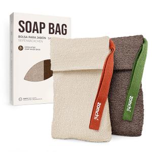 ZOMCHI Bar Soap Saver Bags, 2 Pieces Exfoliating Soap Bag with Different Roughness, Soap Bar Loofah for Men and Women, Body Scrubber Exfoliator for Smooth Clean Skin (Brown)