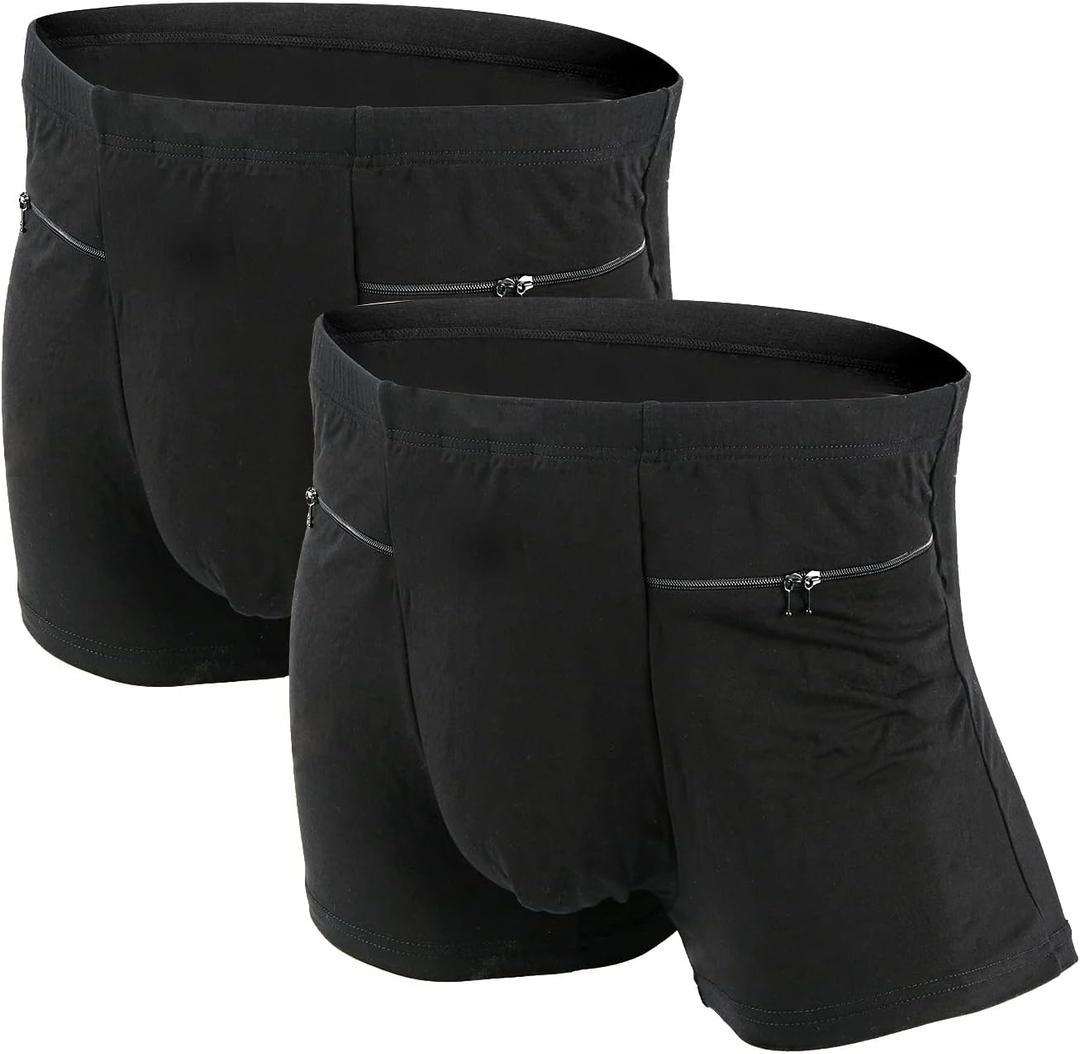 LUEXBOX Pocket Underwear for Men with Secret Hidden Pocket, Travel Boxer Briefs, 2 Packs (Black), Large