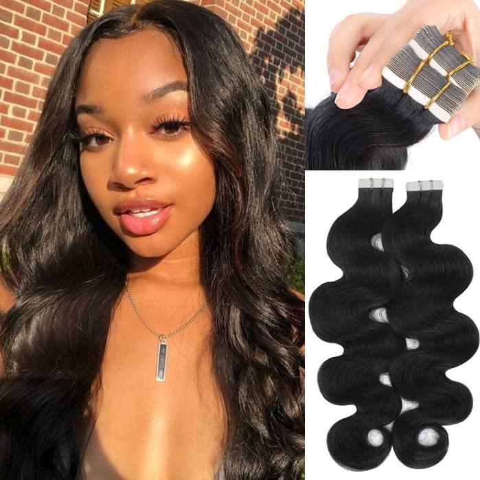 24 Inches Long Body Wave Tape in Hair Extensions 100Gram Human Hair Invisible Tape Ins Natural Black for Black Women Real Hair Tape in Extensions 40Pcs Double Sided Tapes Hair Extension