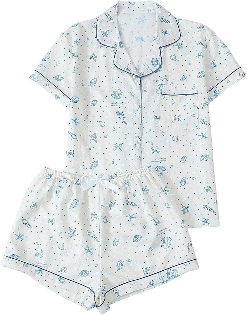 WDIRARA Women's 2 Piece Sea Turtle Graphic Pajama Set Button Down Short Sleeve Shorts Loungewear Pjs Sets, S