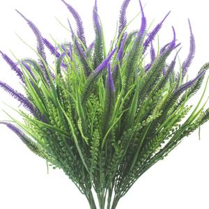 Grunyia 10 Bundles Artificial Plants Outdoor Fake Grass with Flowers UV Resistant Greenery Garden Porch Window Box Decorating (Purple)