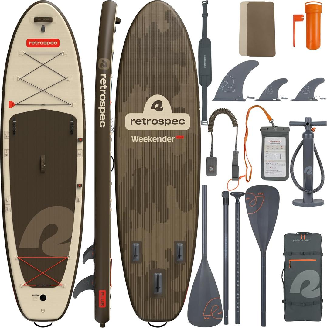 Retrospec Weekender Plus 10' Inflatable Stand Up Paddleboard Double Layer PVC iSUP Bundle w/Carrying case, 3 Piece Adjustable Aluminum Paddle, 3 Removable fins, Pump, and Cell Phone case