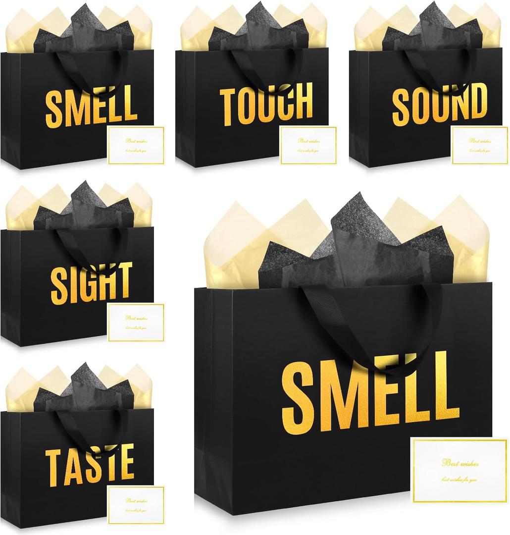 EIiovcnya 5 Senses Gift Bags for Him Her with Labels,Sight Smell Touch Taste Sound Gift Bags with Ribbon Handle,Tissue Paper,Greeting Card for Birthday,Wedding,Christmas,Valentine's Day (Black small, 9.8 x 6.7 x 3.1 Inch)