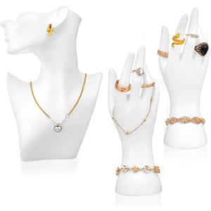 3 Pcs Jewelry Mannequin Display Set - White PVC Bust Holder with 2 Hand Displays for Necklace, Earring, Bracelet & Ring Showcase - Elegant Jewelry Display Mannequins for Boutique & Photography