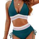 Blooming Jelly Women High Waisted Bikini Sets Tummy Control Swimsuits Color Block Two Piece Drawstring Bathing Suit, Size L