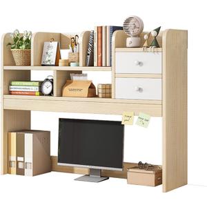 Desktop Bookshelf for Computer Desk, Wooden Desk Storage Hutch with Shelves and Drawers Desktop Display Organizer Rack for Office Home Dorm (72X17X78CM-cherry wood)