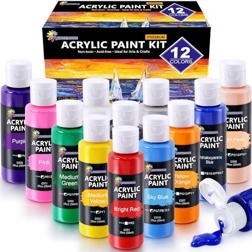 ESSENSON Acrylic Paint, 12 Colors Acrylic Paint Set, 2oz/59ml Bottles, Premium Paints for Artists, Kids, Beginners and Adults on Canvas Rocks Wood Ceramic Fabric ESSENSON Acrylic Paint, 12 Colors Acrylic Paint Set, 2oz/59ml Bottles, Premium Paints for Artists, Kids, Beginners and Adults on Canvas Rocks Wood Ceramic Fabric