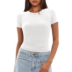 Darong Womens Basic T Shirts Summer Outfits Crew Neck Short Sleeve Back Cut Out Crop Tops Slim Fit Tees Y2k Clothing (White, L)