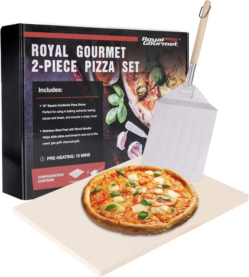 Royal Gourmet KSF1507 2 Piece Pizza Stone Set for Grill and Oven, 15 Inch Rectangular Pizza Stone and Pizza Peel, Baking Accessories