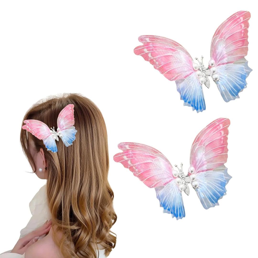 Pearl Butterfly Hair Clips Dainty Butterfly Wings Sparkly Hair Styling Clips Pink & Blue Gradient Metal Barrettes Non-Slip Hairpin for Women Headwear Gifts