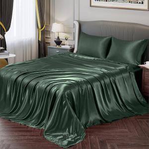 Vonty Satin Sheets Queen Silky Soft Satin Bed Sheets Forest Green Sheet Set, 1 Deep Pocket Fitted Sheet + 1 Flat Sheet + 2 Pillowcases