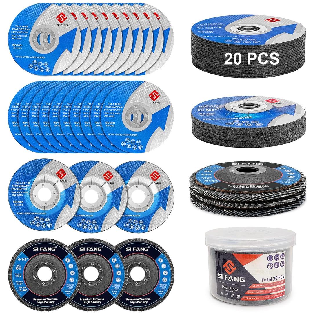 SI FANG 26 Pcs Cut Off Wheel & Grinding Wheel Flap Disc 4 1/2 inch x 7/8 inch Arbor, General Purpose Metal & Wood Cutting Grinding Sanding Discs Kit for Angle Grinder