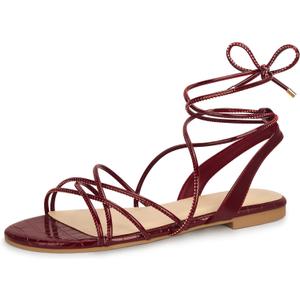 PARTY Women's Strappy Sandals Gladiator Lace Up Flats Summer Wrap Open Toe Tie Up Shoes, Burgundy, 8