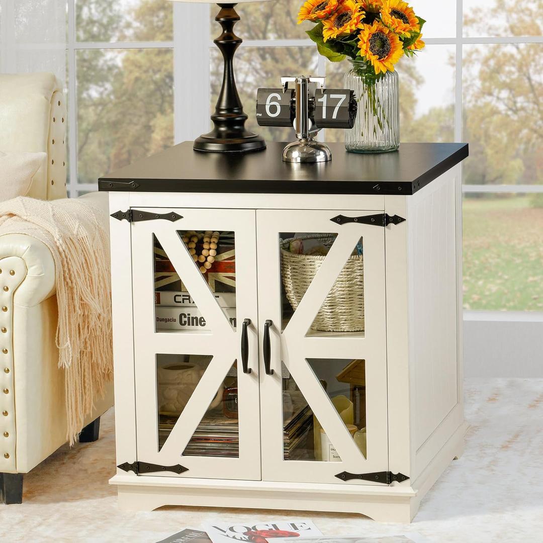 Farmhouse End Table, 24" Large End Tables with Storage, Rustic Square Sofa Beside Table with Glass Barn Door, Wood Side Table Square Nightstand for Living Room, Bedroom, Office (White)