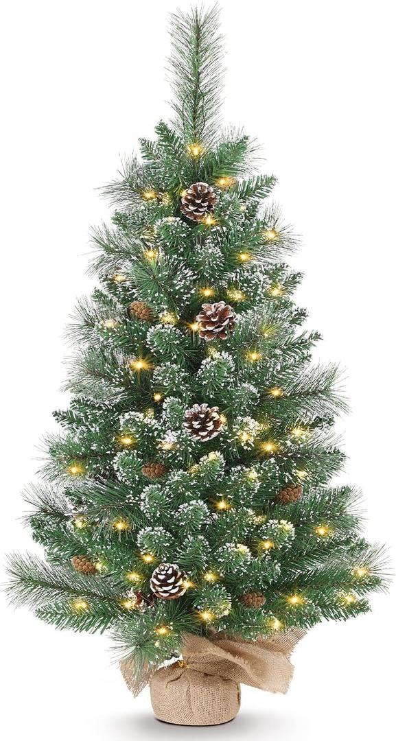 Tabletop Christmas Tree, 31" Burlap Base with LED Lights, White Tipped Branches, Prelit Small Artificial Tabletop Snow Flocked Christmas Trees Decor with Timer, for Outdoor Indoor Porch Table Xmas