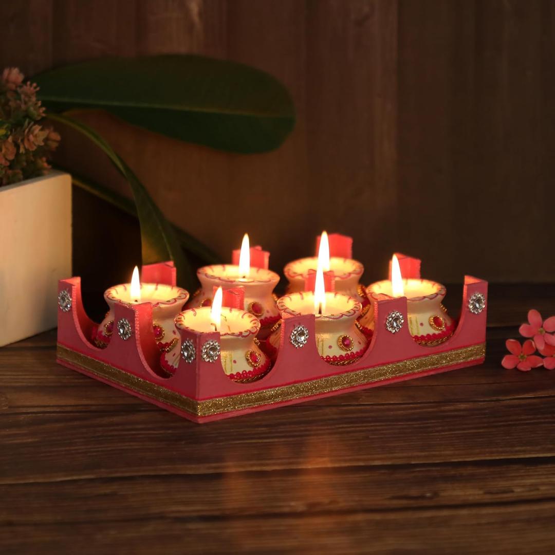 6 Pc Set Pink and White Decorated Clay MATKI Wax Filled Diya | Diwali Pooja Handmade Dia | Terracotta - Natural EARTHEN Diya - Handpainted with MDF Gift Package