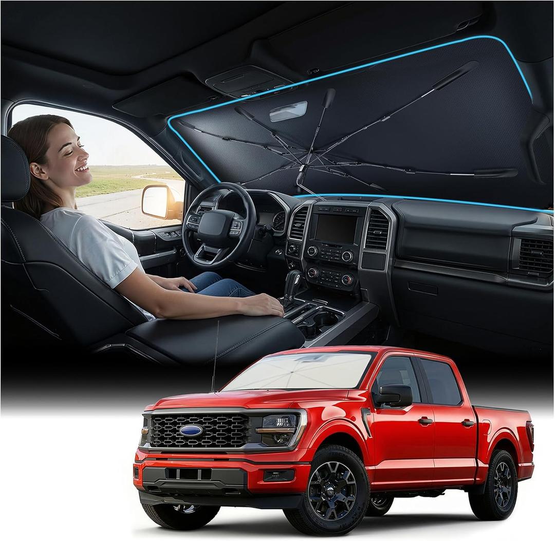 [2026 Upgrade] Nmoiss Windshield Sun Shade Umbrella for Ford F150 F250 F350 & Explorer - Vinyl Coating Heat Shield, Tough Truck-Grade Sun Protection, Blocks UV & Heat to Keep Interior Cool, For F-Series & Explorer