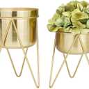 CosmoLiving by Cosmopolitan Metal Indoor Outdoor Planter Small Planter Pot with Removable Stand, Set of 2 Planters 7", 7"W, Gold