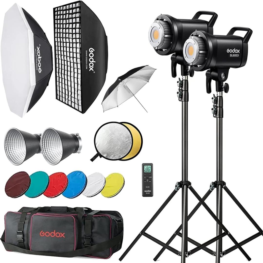 Godox SL60IID LED Video Light Kit, 70W x2 Daylight Continuous Lighting for Photography Podcast, Studio Fill Light APP Controlled with Bowens Mount, 8 FX Effect, Softbox, Light Stand, Remoter Bag