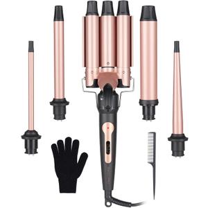 Wand Curling Iron Hair Crimper, Emocci Pro Large 3 Barrel (0.35"-1.25" Ceramic Barrel) Hair Crimper for Women Beach Waves Instant Heat Hair Waver Set for Long Hair Curlers 5-in-1 Curling Wand Set