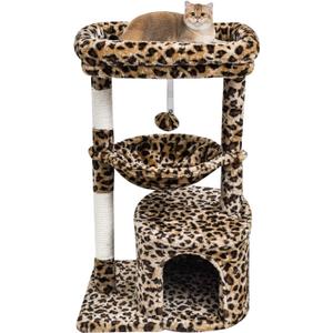 SYANDLVY Small Leopard Print Cat Tree for Indoor Cats, Cat Tower with Scratching Post, Modern Cat House with Padded Perch, Kittens Condo with Cradle, Cat Cave (29.6")