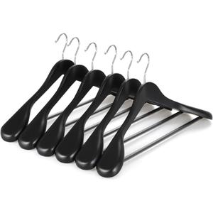 TOPIA HANGER Wide Shoulder Wooden Hangers, Suit Hangers with Non Slip Pants Bar & 360 Swivel Hook, Solid Wood Heavy Duty Coat Hanger, 6 Pack (Matte Black)-CT02B