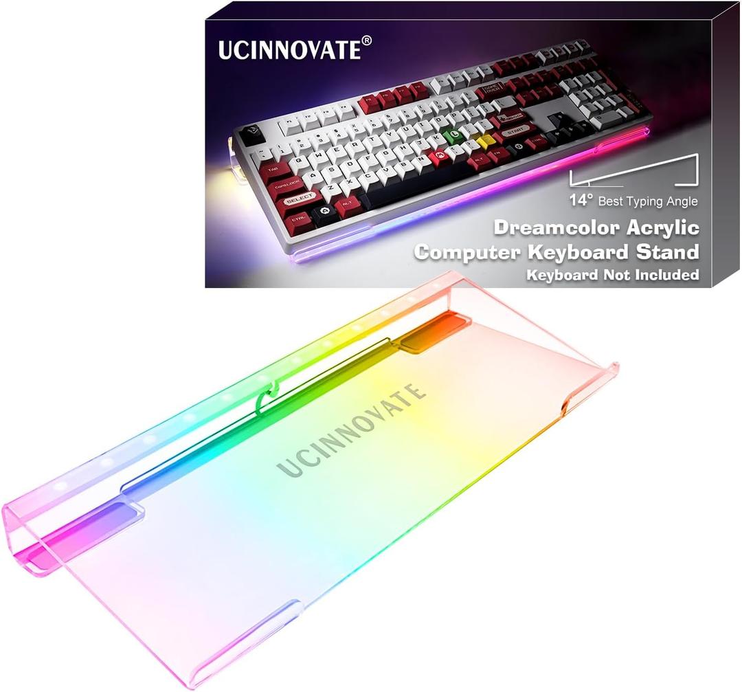 UCINNOVATE Dream Color Acrylic Computer Keyboard Stand, LED Backlit Keyboard Tray, Gaming Keyboards USB Interface Titled Keyboards Stand for Easy Ergonomic Typing and Working Office Desk, Home (100%(Full size))
