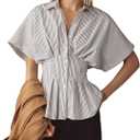 Dsewpaur Women Striped Button Pleated Shirts Short Sleeve Summer Casual Peplum Blouse White, 