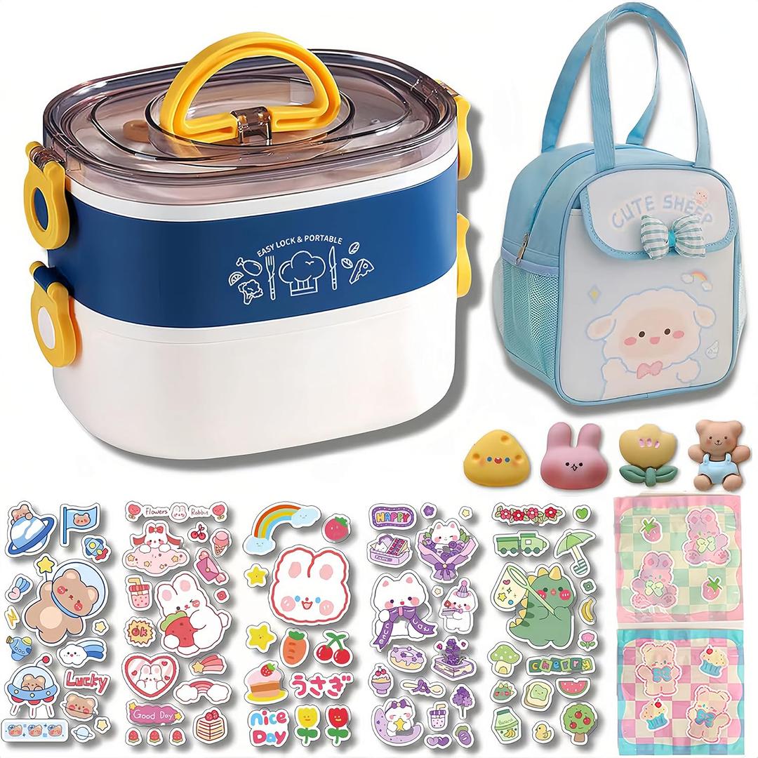 Kawaii Bento Box Bento Lunch Box with Lunch Bag,Tableware,Biscuit bags,2 Layers Stacked Leakproof Cute Lunch Box,for Travel,Office,Gym. (Blue)
