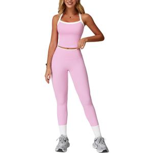 QBGJTD Womens Workout Sets Two Piece Cross Back Tank Top Matching High Waist Leggings Sets Gym Outfits Work Out Clothes (Small, Colorblock Pink)