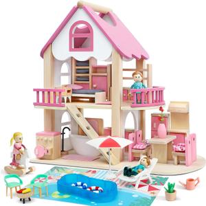 Atoylink Wooden Dollhouse with 42Pcs Miniature Doll House Accessories and Furniture Set, 4 Rooms & Balcony & Swimming Pool & Portable Handle Pretend Play Toys for Kids Girls Birthday Gifts