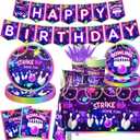 Bowling Birthday Tableware 142Pcs Let's Strike Up Some Fun Bowling Party Decorations Rainbow Neon Glow Girls Birthday Party Favors Disposable Plates,Tablecloth,Napkins,Cups,Forks and Knives